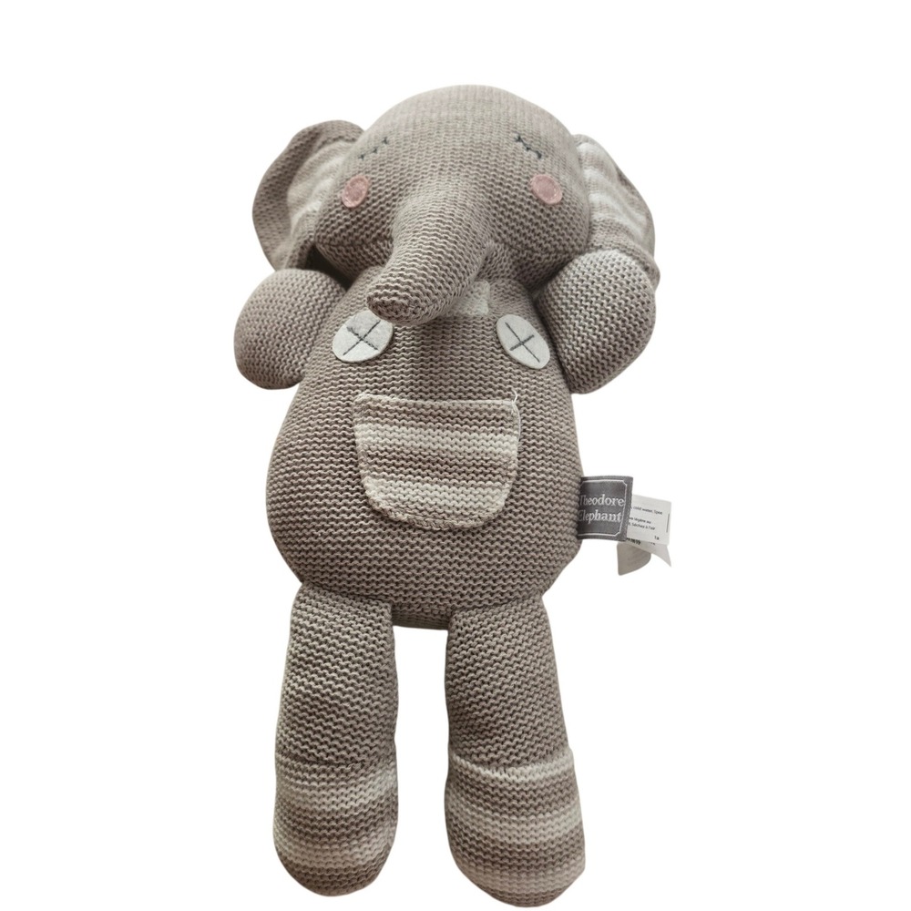 Living Textiles Theodore Elephant Knit Plush Stuffed Animal Grey White Stripe
